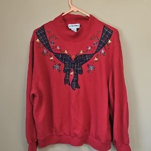 Alfred Dunner Red Embroidered Plaid Bow Sweater Vintage